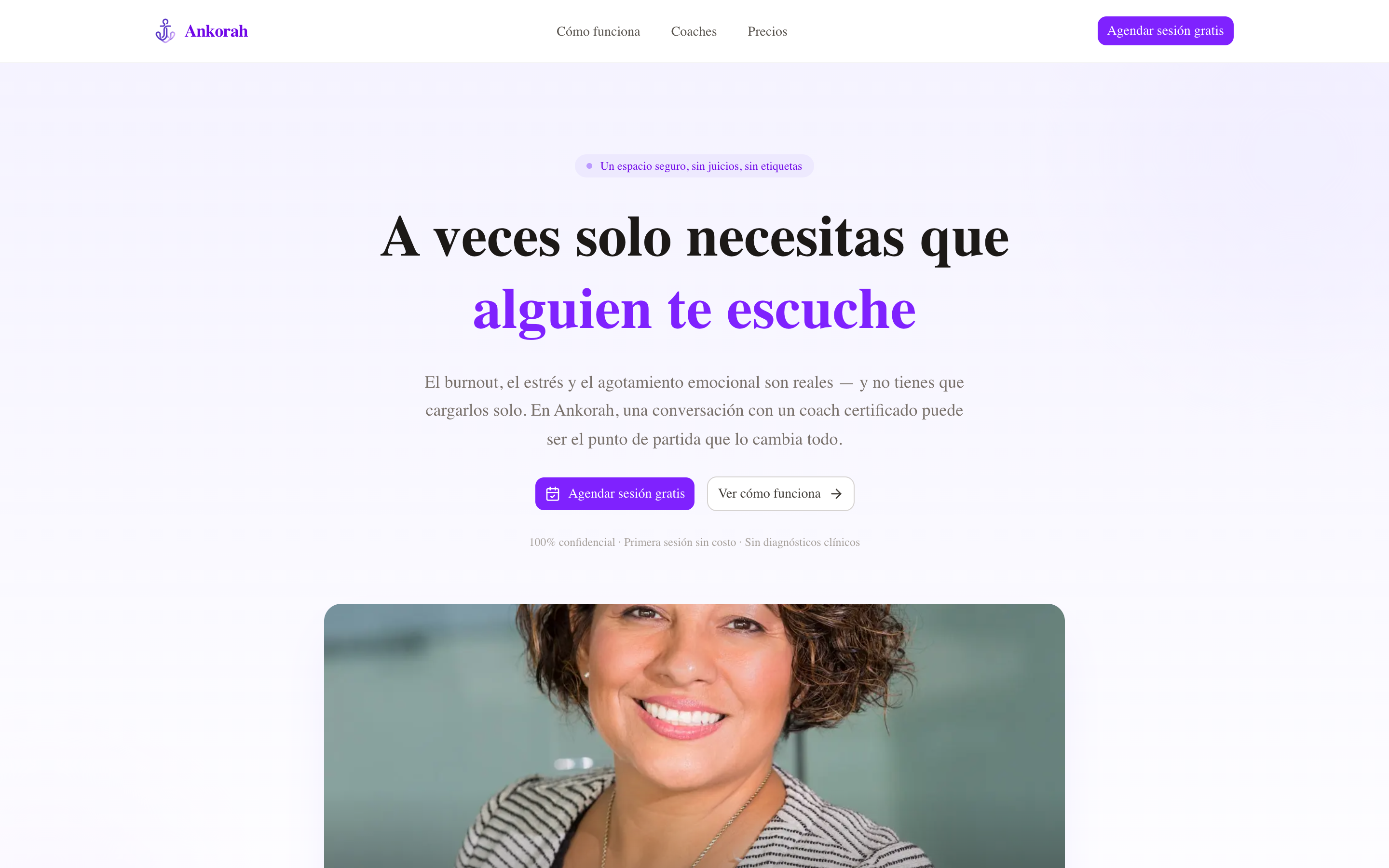 Ankorah product interface by Ascensa Labs. A landing page and lead-capture system for mental wellness coaching, built end to end for a direct client.