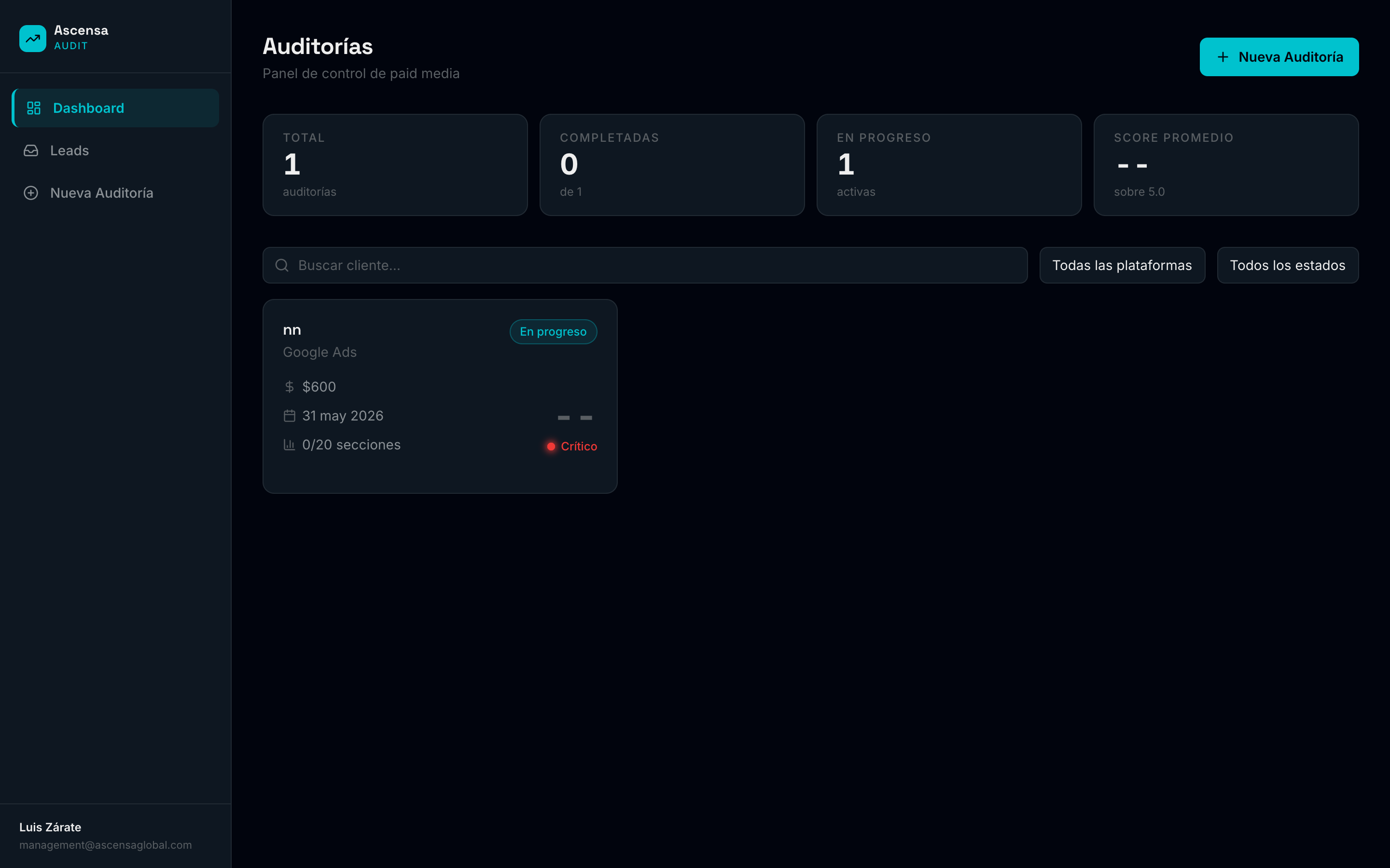 Ascensa Audit product interface by Ascensa Labs. The engine behind every Account Radar: 16 audited dimensions, benchmarked against the sector, with a score and prioritized findings.